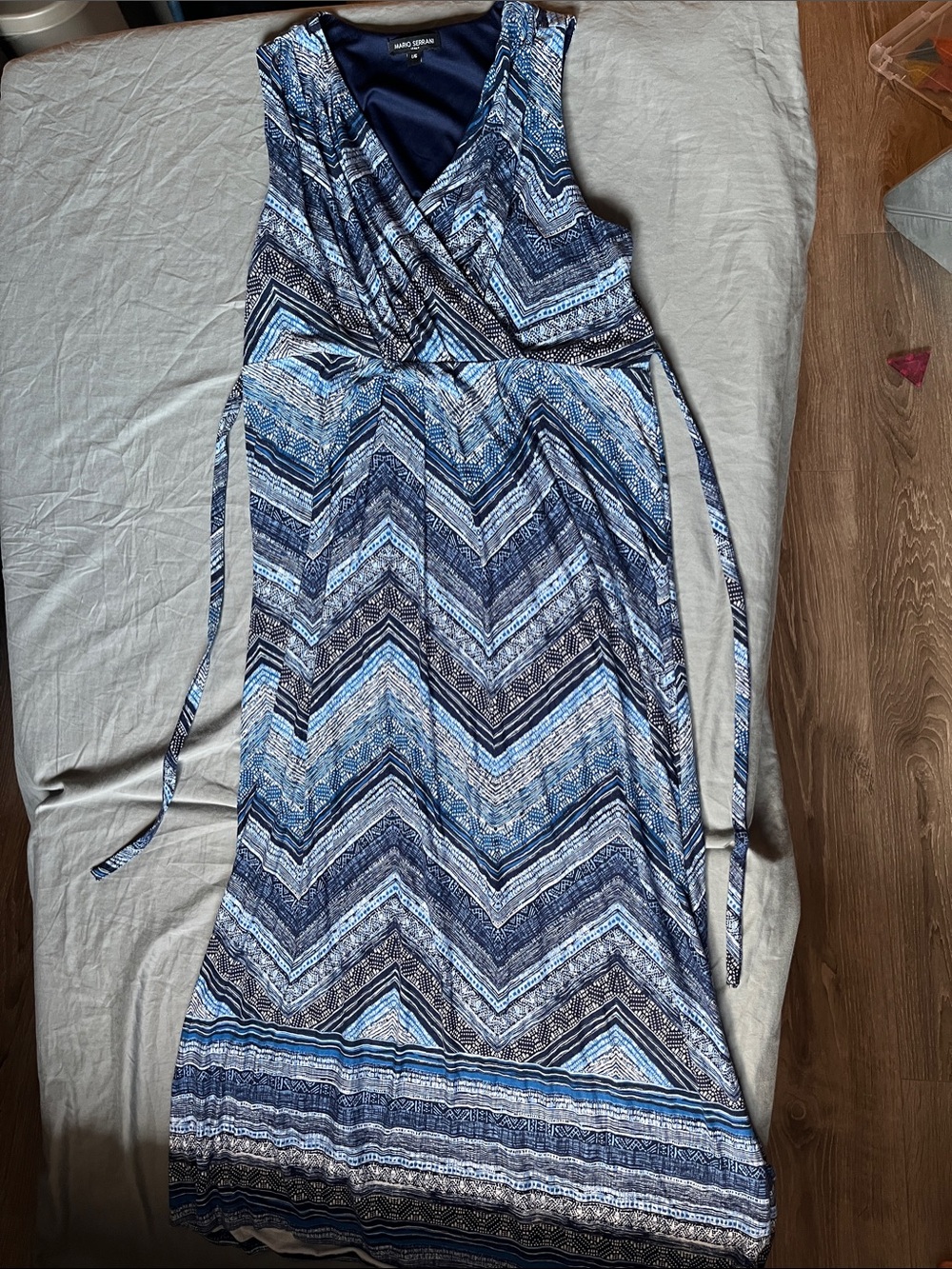 Mario Serrano Italy - Navy, light Blue Chevron Wrap sleeveless Maxi Dress